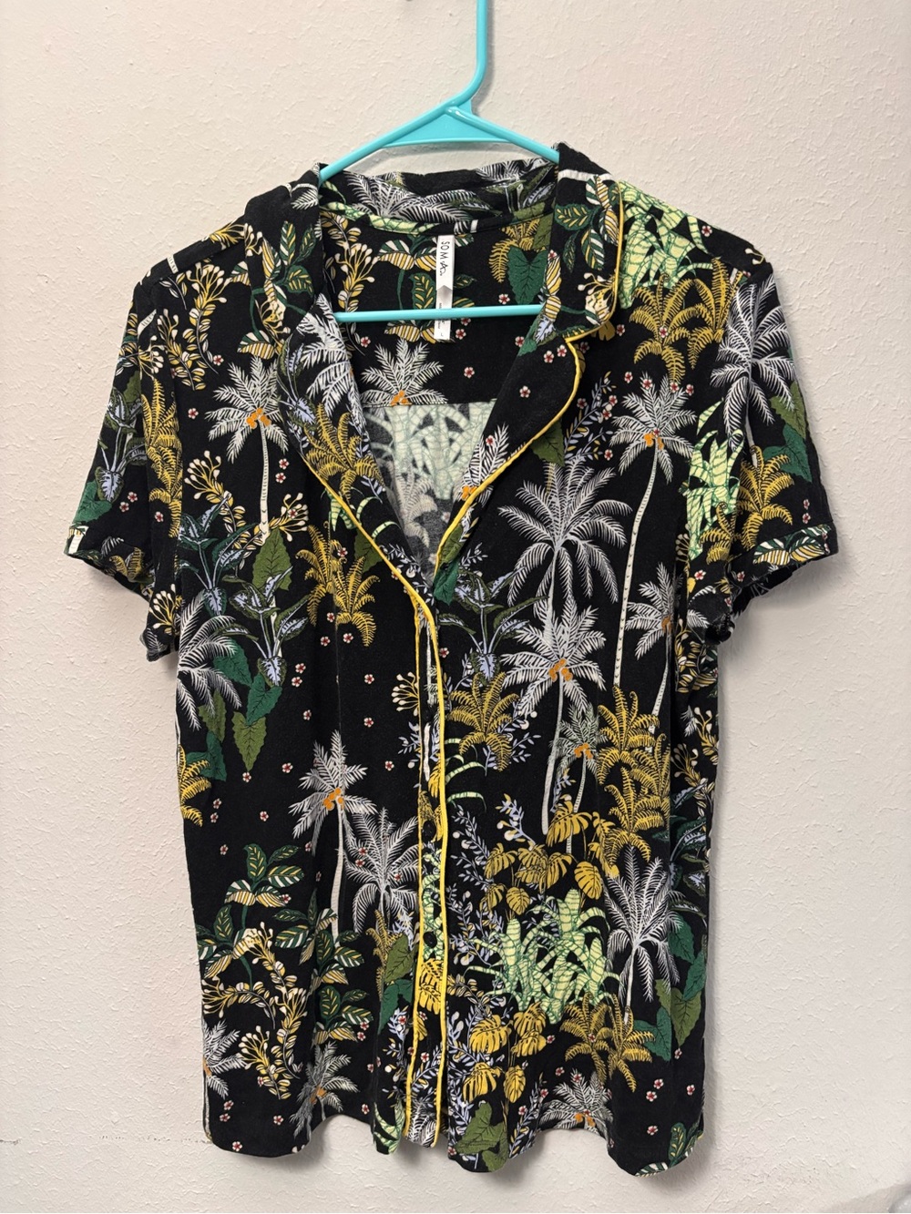Soma Black Short Sleeve Button-Front PJ Shirt with Tropical Palm Print